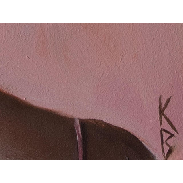 "Rosy Reflection" is an oil on panel painting by Kelly Birkenruth, completed in 2026. A woman is seen from behind, head...