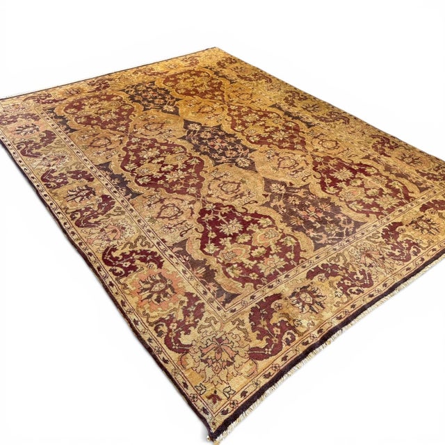 Turkish Vintage Sivas Rug 9x12 – Turkish Rug With Floral Lattice Design in Beige, Brown & Maroon For Sale - Image 3 of 5