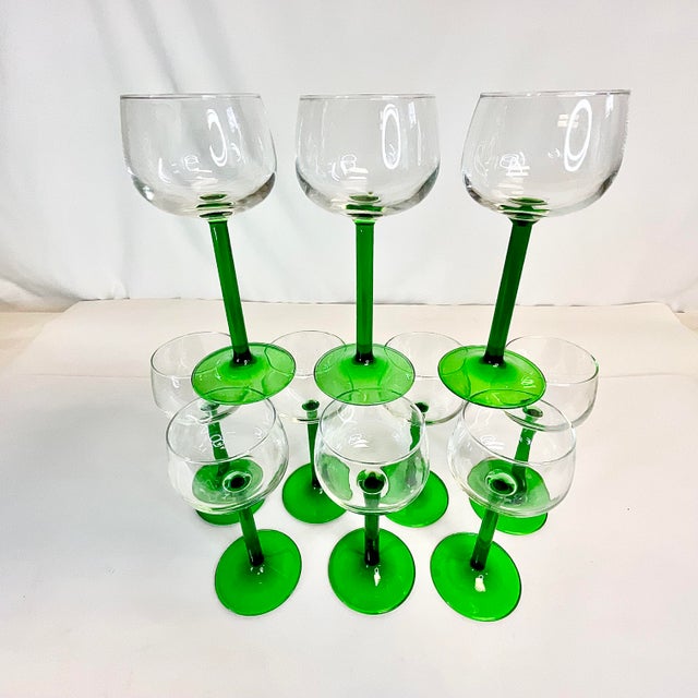 Glass Mid 20th Century French Hollywood Regency Bottle Green Stem Wine Glasses - Set of 10. For Sale - Image 7 of 9