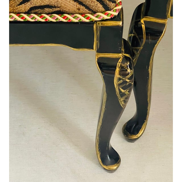 Mid-Century Modern Gorgeous Mackenzie Childs Style 4 Chairs Black Lacquer TigerBrocade For Sale - Image 3 of 11