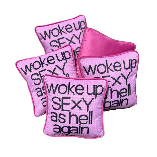 Contemporary Velvet Pink-On-Pink "Woke Up Sexy as Hell Again" Feather Down Pillow For Sale - Image 3 of 6