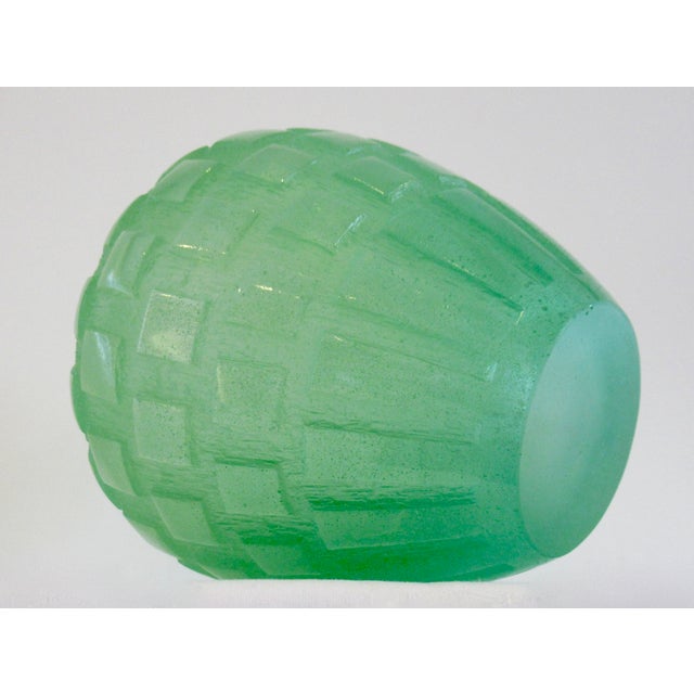 Daum France Crystal "Pate De Crystal," Celadon Green Geometric Raised Relief "Rhythmns," Vase/Vessel For Sale - Image 13 of 18