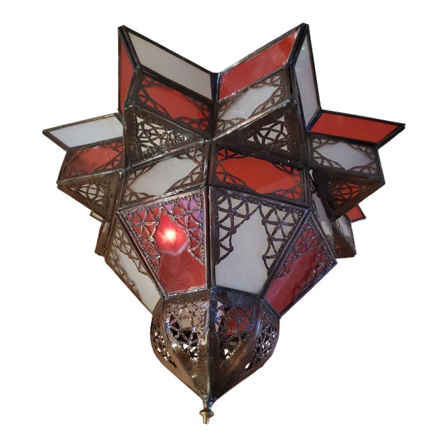 Moroccan Nejma Style Red and White Glass Lantern For Sale