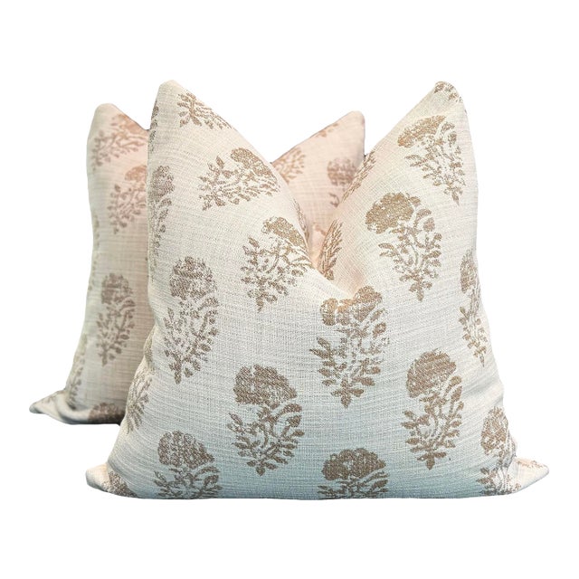 Honey Gold and Ivory Botanical Pillows - A Pair For Sale