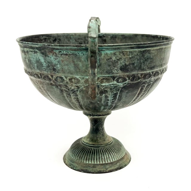 Vintage Verdigris Brass Urn With Scroll Handles on Pedestal Base - Neoclassical, Traditional, Classical For Sale - Image 12 of 12
