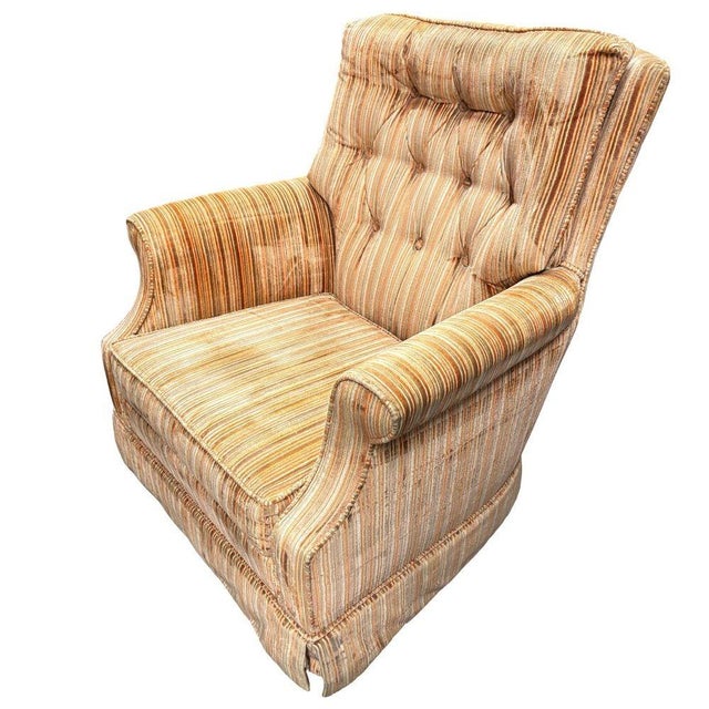 Mid-Century Modern 1970 Tuffted Velvet Gold Green Striped Swivel Arm Chair For Sale - Image 3 of 6