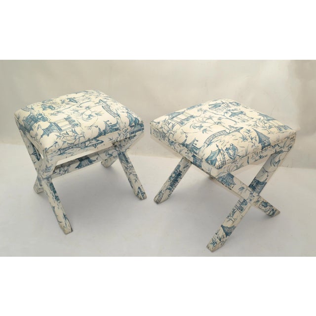 Mid-Century Modern Asian Cotton Upholstery Ottoman Decorative X Base, Pair For Sale - Image 11 of 13