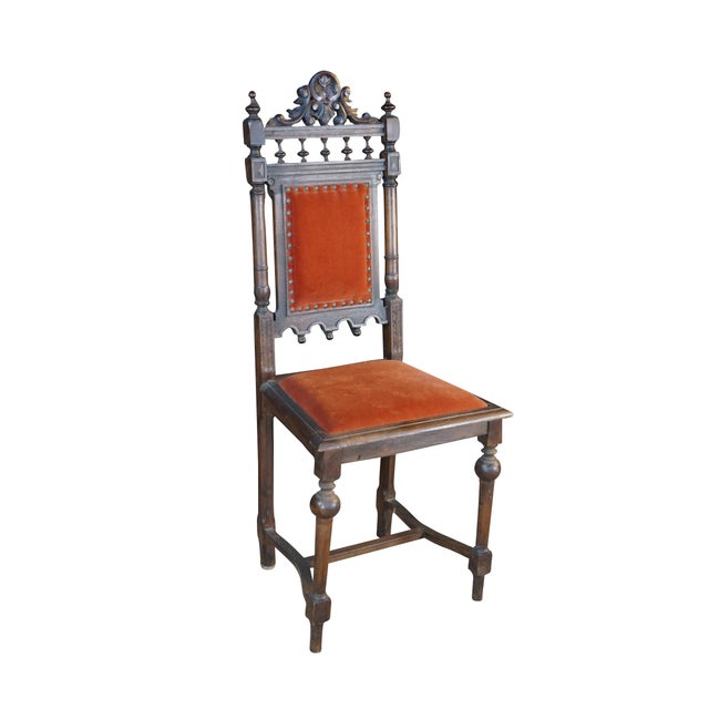 6 Antique Renaissance Revival Carved Walnut High Back Velvet Dining Chairs For Sale - Image 4 of 18