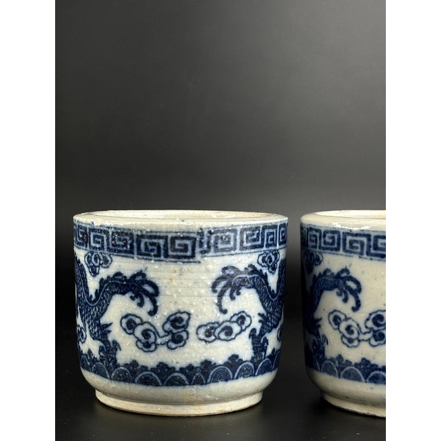 Vietnamese Late Nguyen Dynasty Hue Blue and White Porcelain Brush Pots with Fish, 19th Century, Set of 2 For Sale - Image 3 of 8