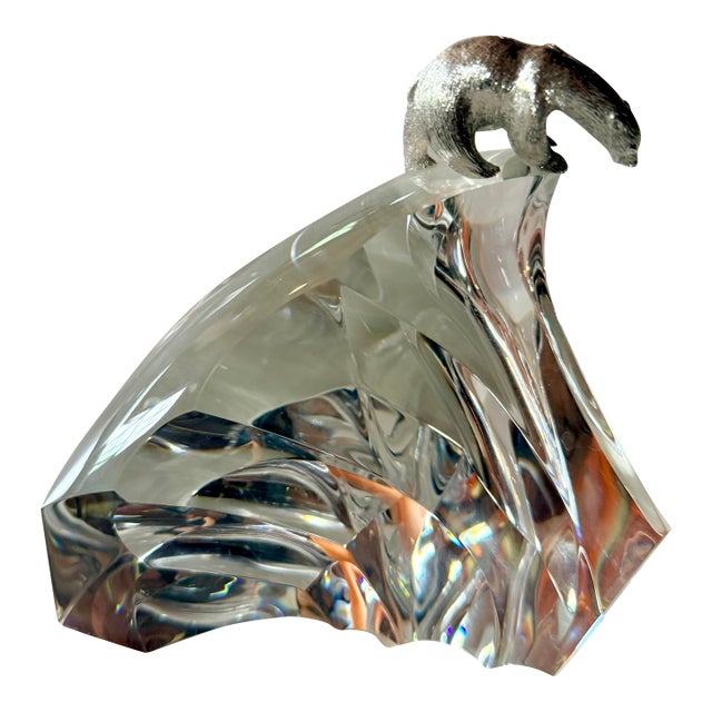 Rare Steuben Ice Bear Crystal Sculpture Model #1022 James Houston Sterling Silver Polar Bear Iceberg Figurine For Sale