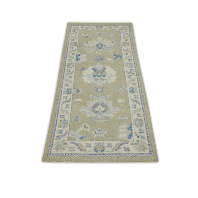 Early 21st Century Early 21st Century Green & Blue Floral Design Handwoven Wool Turkish Oushak Rug 2'11" X 6'1" For Sale - Image 5 of 7