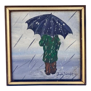 1973 Walking in the Rain Mid-Century Postmodern Impressionist Painting by Lynn Wright For Sale