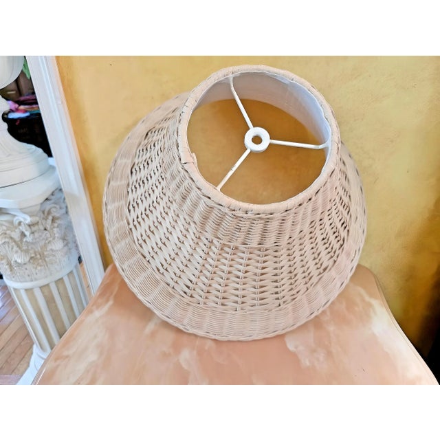 Wood Natural White Wash Egg-Shell Color Rattan Wicker Lamp Shade With White Fabric Lining For Sale - Image 7 of 12