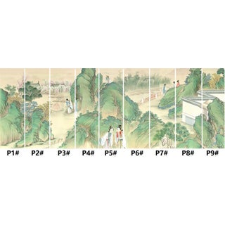 36" * H108"/Panel* 9ps, Chinese Traditional Gongbi Blue-Green Landscape Wallpaper, 9 Panels For Sale
