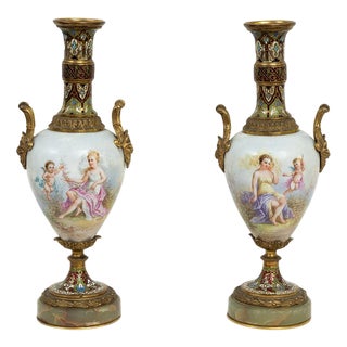 Antique Napoleon III Vases in Polychrome Sevres Porcelain and Cloisonné, France, 19th Century, Set of 2 For Sale