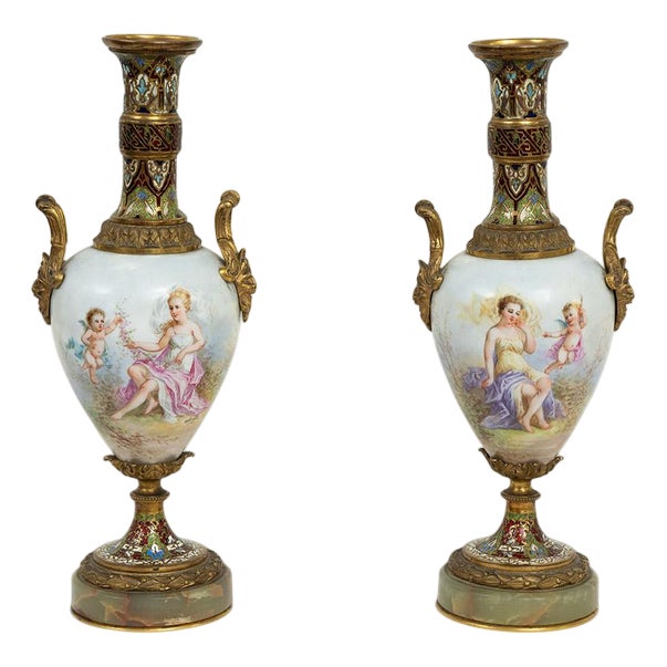 Antique Napoleon III Vases in Polychrome Sevres Porcelain and Cloisonné, France, 19th Century, Set of 2 For Sale