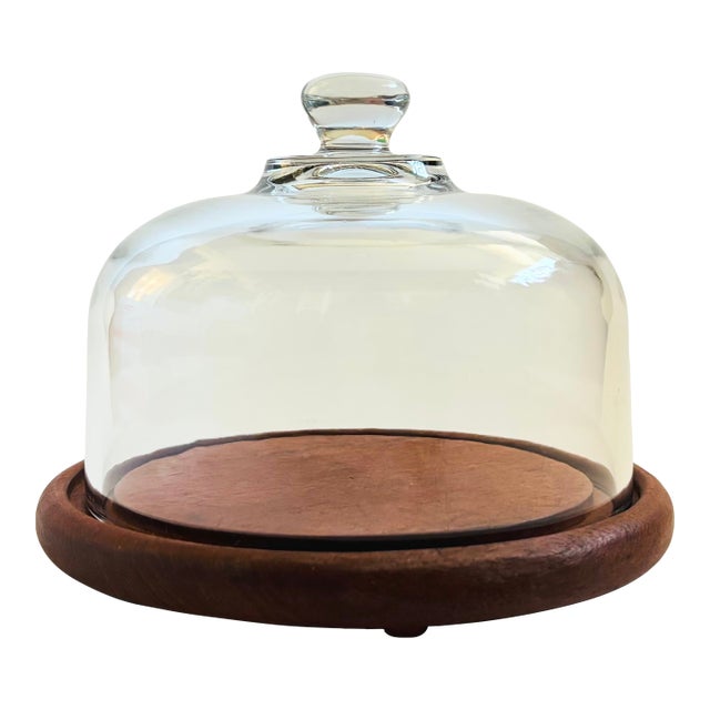 Vintage Glass Cloche on Teak Base For Sale