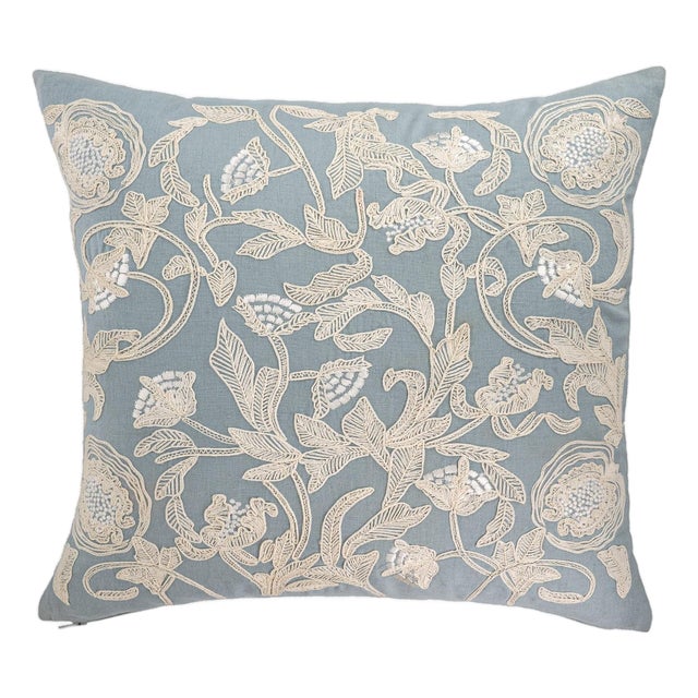 Deauville Embroidered Linen Throw Pillow Cover 18 X 18 For Sale