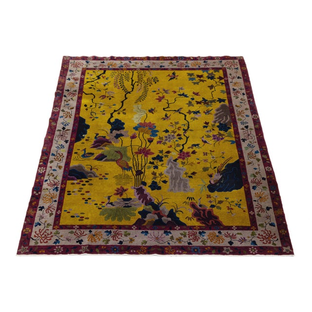Antique Chinese Art Deco "Peking" Gold Wool Area Rug Garden Motif (1920s) For Sale - Image 4 of 12