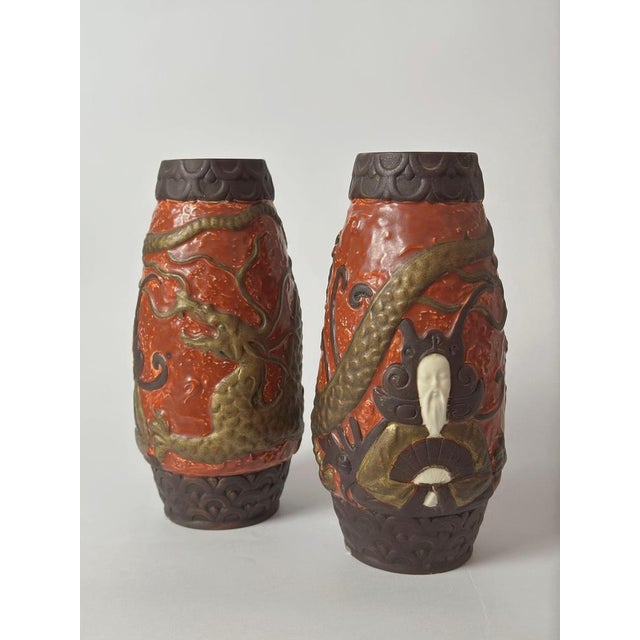 Art Nouveau Ceramic Vases with Gold Dragon Motifs by BB Hohenstein, 1960, Set of 2 For Sale - Image 3 of 10