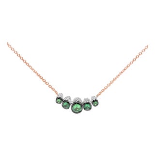 18K Rose Gold 3/4 Cttw Pave Diamonds and Graduated Green Tsavorite Gemstone Curved Bar Choker Necklace - Adjustable up to 14" - 16.5" For Sale