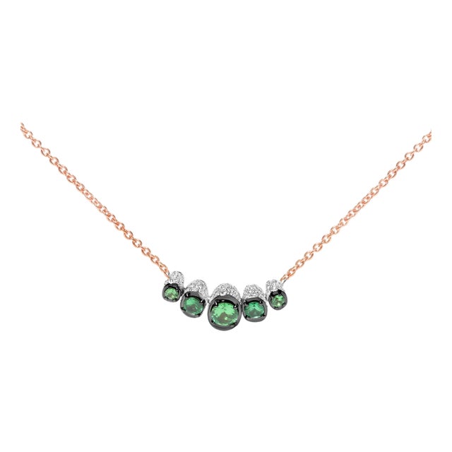 18K Rose Gold 3/4 Cttw Pave Diamonds and Graduated Green Tsavorite Gemstone Curved Bar Choker Necklace - Adjustable up to 14" - 16.5" For Sale
