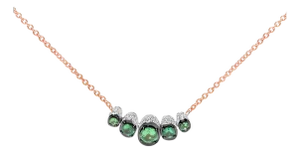 18K Rose Gold 3/4 Cttw Pave Diamonds and Graduated Green Tsavorite Gemstone Curved Bar Choker Necklace - Adjustable up to 14" - 16.5"