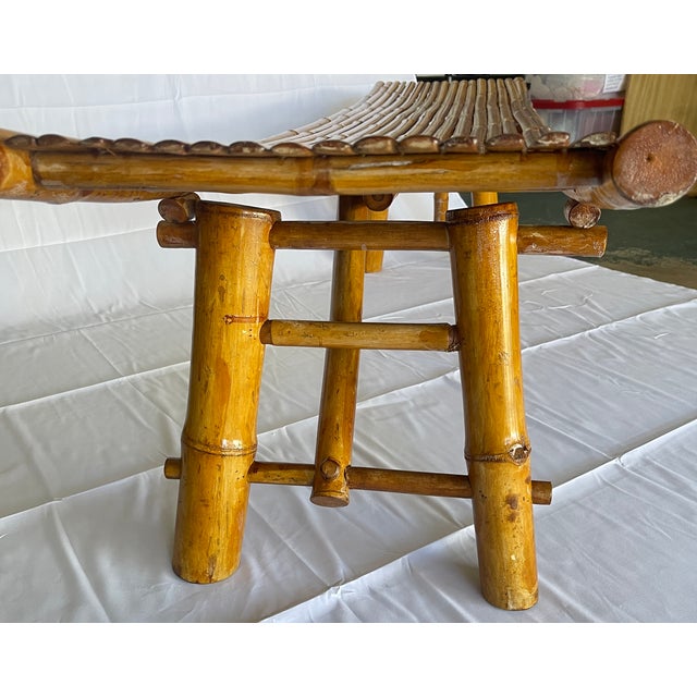 Camel Oversized 73" Mid-Century Curved Bamboo Sling Bench – Japanese Zen Style For Sale - Image 8 of 16