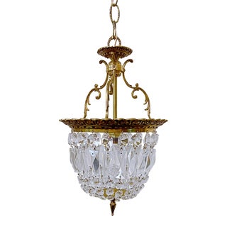 1920s Brass Crystal Basket Pendant Light For Sale