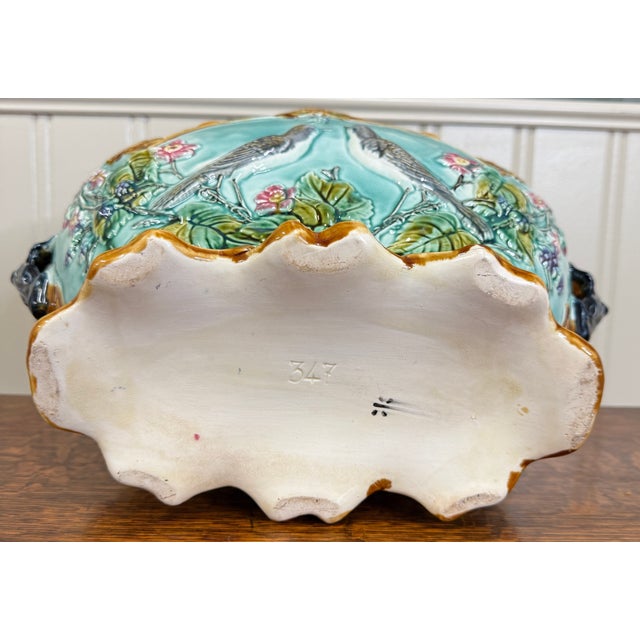 Antique French Onnaing Majolica Cache Pot Planter Bowl Jardiniere Love Birds For Sale - Image 15 of 18