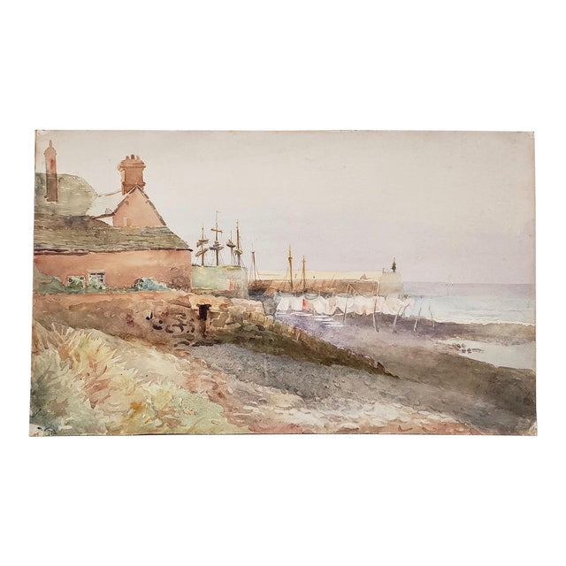 Antique English Coastside Watercolor Painting 19th C. For Sale