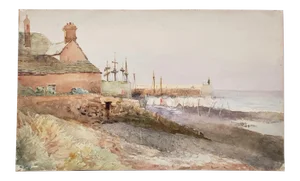 Antique English Coastside Watercolor Painting 19th C.