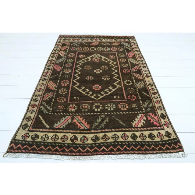 Vintage Turkish Handmade Brown Rug- 3′1″ × 4′8″ For Sale - Image 13 of 13