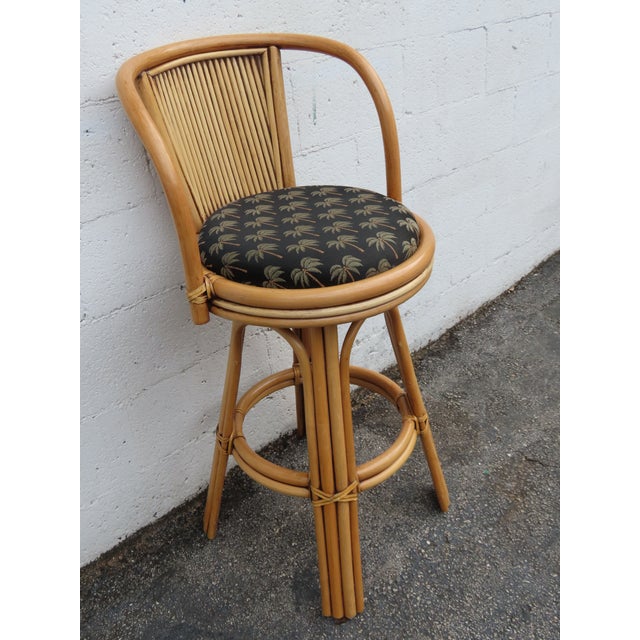 Hollywood Regency Swivel Bamboo Rattan Barstools a Set of Three 6380 For Sale - Image 10 of 17