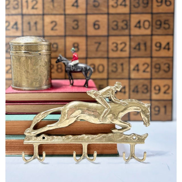 Metal Vintage Brass Equestrian Fox Hunt Wall Hook Rack – English Country Entryway, Ralph Lauren Style, 6 Hook Coat Rack For Sale - Image 7 of 7