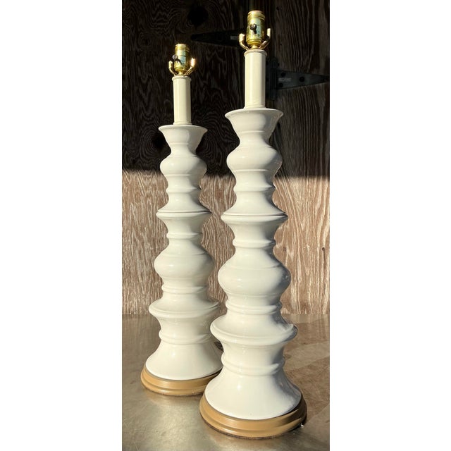 White Vintage Boho Glazed Ceramic Lamps - a Pair For Sale - Image 8 of 9