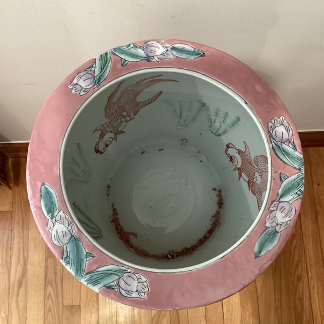 Vintage Large Chinoiserie Large Porcelain Koi Fish Bowl Planter Floral Motif For Sale - Image 4 of 12