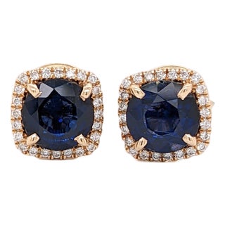 Ceylon Sapphire Stud Earrings With Earth Mined Diamonds: Solid 14k Gold, A Pair For Sale