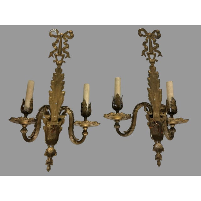 Metal Pair of Vintage Two Light Gilt Metal Candelabra Wall Sconces Lamps For Sale - Image 7 of 9