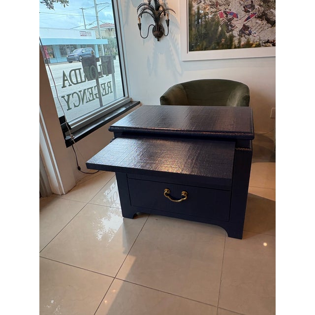 Vintage Pair Harrison Van Horn Grasscloth Navy Blue Pagoda Night Stands Chests For Sale In West Palm - Image 6 of 11