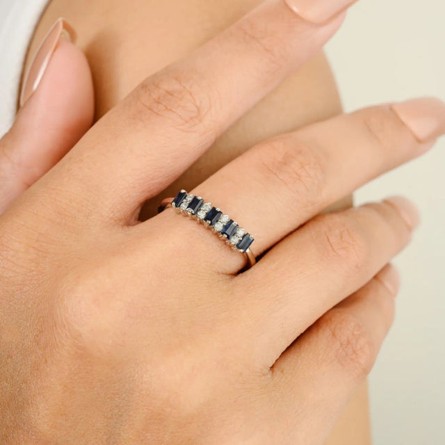 Genuine Deep Blue Sapphire Diamond Sleek Birthstone Band Ring in 14K Gold featuring natural blue sapphire of 0.45 carats...