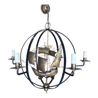 French Mid-Century Gilded Tole 6-Light Orb Chandelier with Nautical Galleon Ship For Sale