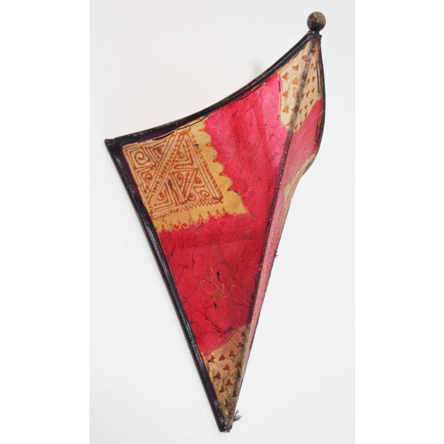 Vintage Moroccan Berber Hand-Painted Red Hide & Iron Wall Sconce Shade, 1980s For Sale - Image 4 of 10