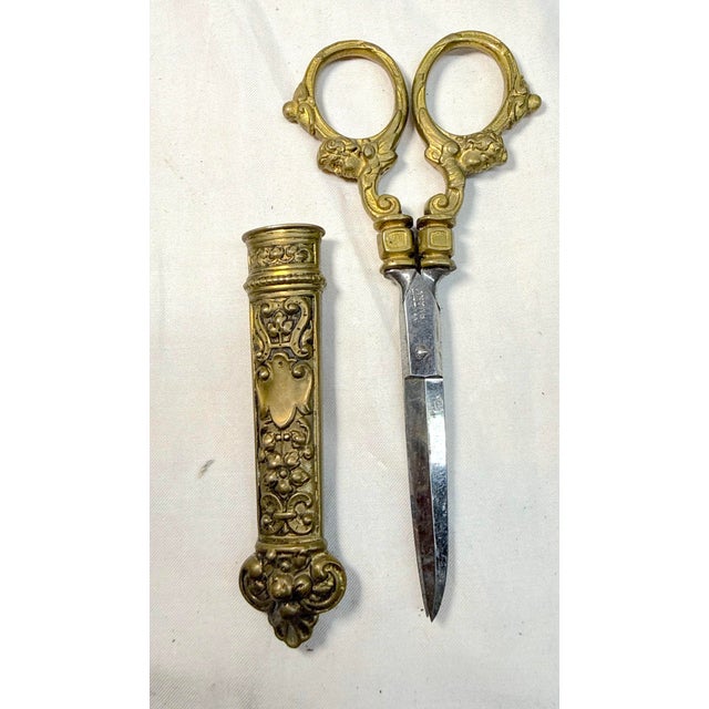 Metal Antique 19th Century Victorian Sewing Scissors Dagger W/ Brass Handles & Sheath For Sale - Image 7 of 11
