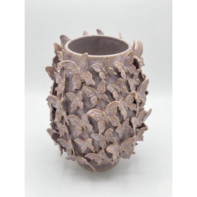 Italian Vintage Italian Hand-Modeled Butterfly Relief Ceramic Vase in Lavender Glaze For Sale - Image 3 of 9