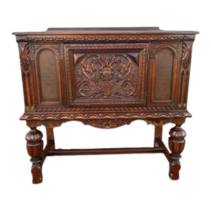 Early 20th Century Antique Barque Renaissance Style Oak- Walnut Side Cabinet