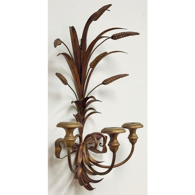 Vintage Gilt Sheaf of Wheat 3-Arm Candle Sconce For Sale - Image 4 of 6