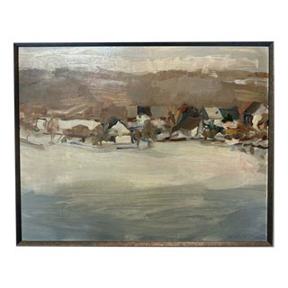 Unknown, Winter Landscape Village Snow, 1994, Oil on Cardboard For Sale