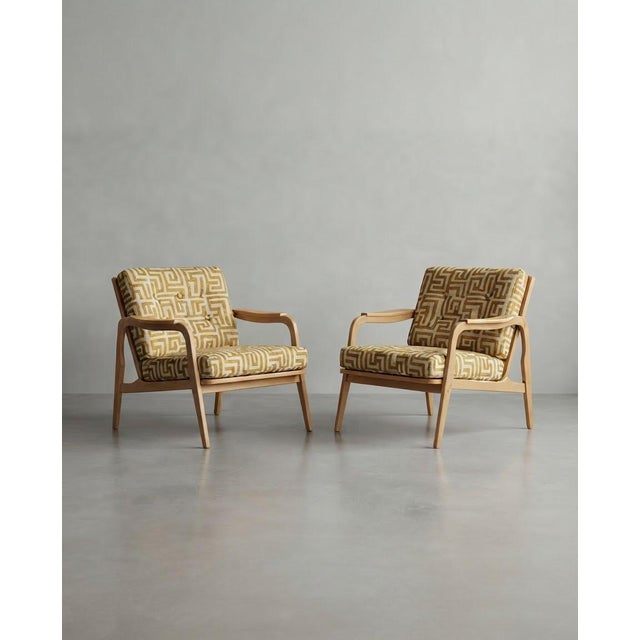 Wood Mid-Century Modern Hungarian Lounge Chairs in Geometric Yellow Pattern Fabric with Light Wood Frames, 1970s, Set of 2 For Sale - Image 7 of 7
