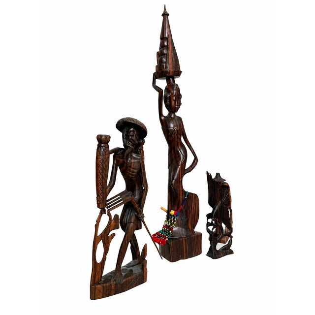 1960s Vintage Balinese-Style Carved Wood Figurative and Bird Sculptures — Set of 4 For Sale - Image 5 of 10